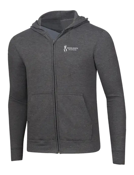 Dark Heather Grey 8.5 oz Ring Spun Zip Hooded Sweatshirt w/Highlights Healthcare Logo