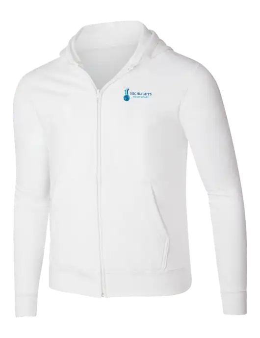 White 8.5 oz Ring Spun Zip Hooded Sweatshirt w/Highlights Healthcare Logo