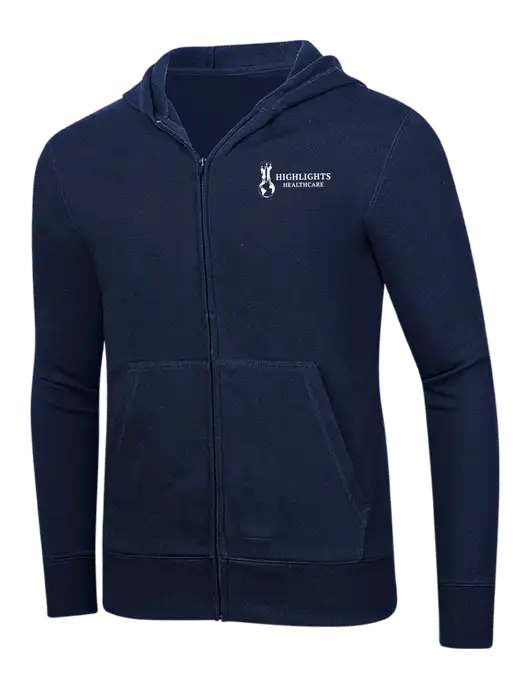 Full-Zip Navy Heavyweight Hooded Sweatshirt w/Highlights Healthcare Logo