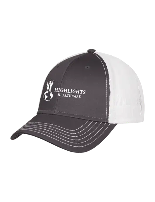 Dark Grey/White Mesh Trucker Cap Snap Back w/Highlights Healthcare Logo