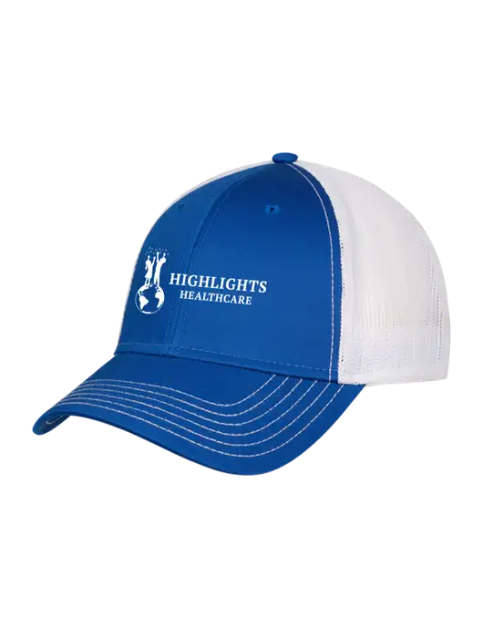 Royal & White Mesh Trucker Cap Snap Back w/Highlights Healthcare Logo