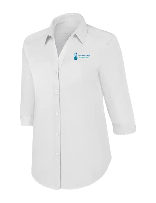 Womens White 3/4 Sleeve Carefree Poplin Shirt w/Highlights Healthcare Logo