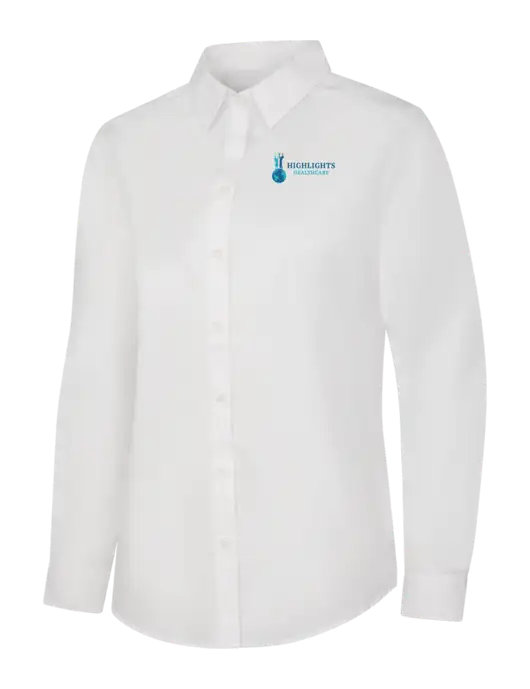 Womens White Long Sleeve Carefree Poplin Shirt w/Highlights Healthcare Logo