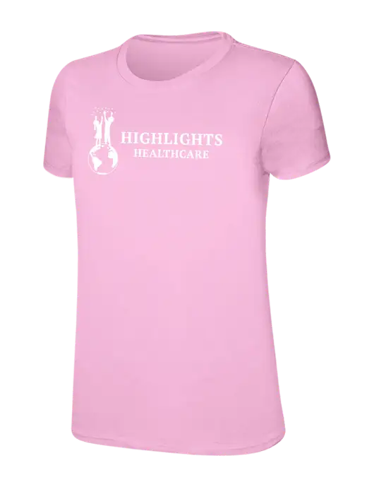 Womens Ring Spun Candy Pink 4.5 oz T-Shirt w/Highlights Healthcare Logo