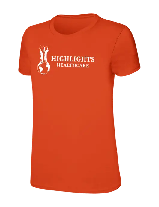 Womens Ring Spun Orange 4.5 oz T-Shirt w/Highlights Healthcare Logo
