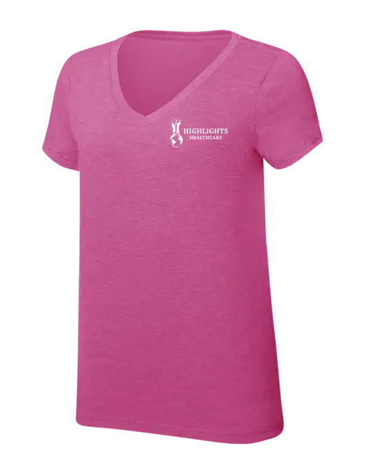 Womens Simply Soft V-Neck Fuschia Frost 4.5oz  Poly/Combed Ring Spun Cotton T-Shirt w/Highlights Healthcare Logo