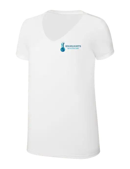 Womens Simply Soft V-Neck White 4.5oz  Poly/Combed Ring Spun Cotton T-Shirt w/Highlights Healthcare Logo