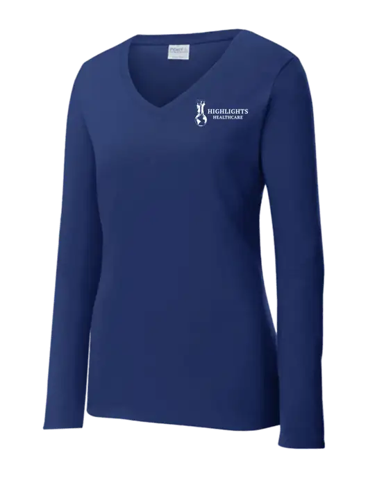 Womens  V-Neck Ring Spun Navy 4.5 oz Long Sleeve T-Shirt w/Highlights Healthcare Logo