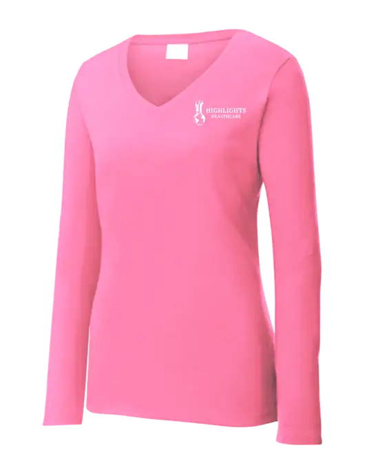Womens  V-Neck Ring Spun Pink 4.5 oz Long Sleeve T-Shirt w/Highlights Healthcare Logo