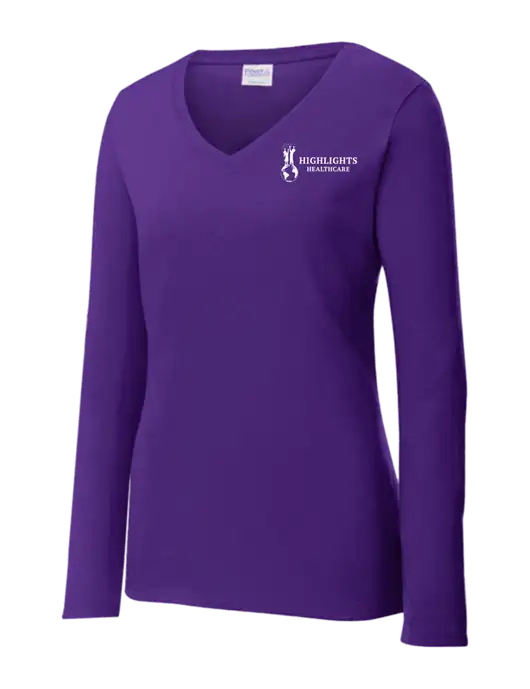 Womens  V-Neck Ring Spun Purple 4.5 oz Long Sleeve T-Shirt w/Highlights Healthcare Logo
