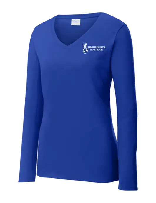Womens  V-Neck Ring Spun Royal 4.5 oz Long Sleeve T-Shirt w/Highlights Healthcare Logo