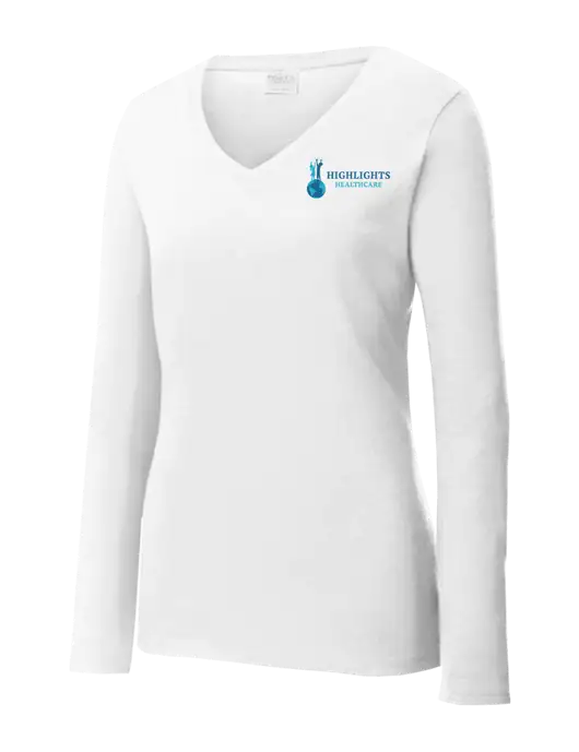 Womens  V-Neck Ring Spun White 4.5 oz Long Sleeve T-Shirt w/Highlights Healthcare Logo