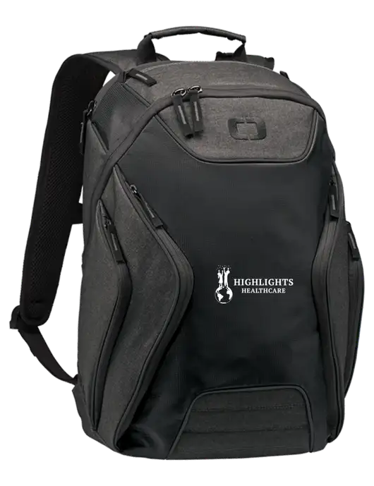 OGIO Black/Heather Grey Hatch Laptop Backpack
 w/Highlights Healthcare Logo