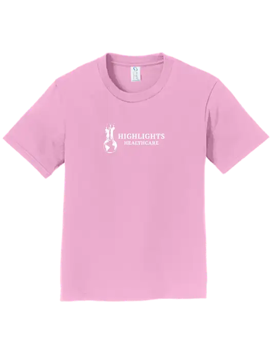 Youth Ring Spun Candy Pink 4.5 oz T-Shirt w/Highlights Healthcare Logo